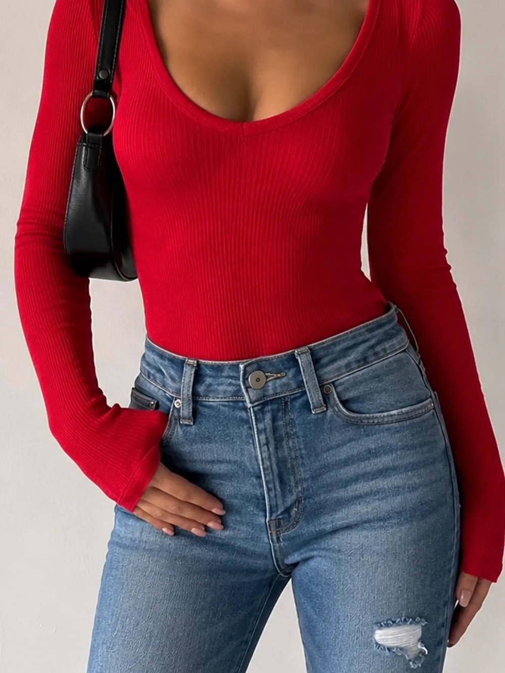 Express Red Ribbed Scoop-Neck Long Sleeve Top